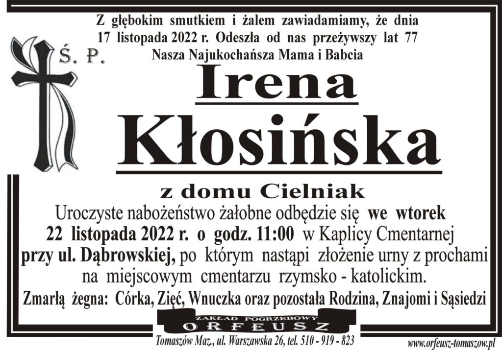 Read more about the article Ś.P. Irena Kłosińska